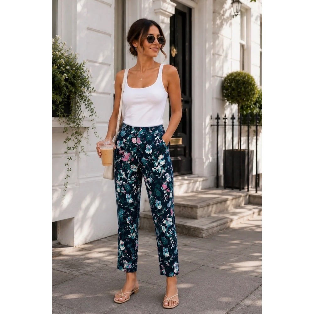 Banana Republic Avery Ankle Pants Navy Blue Green Tropical Floral Sz 6 NWT
